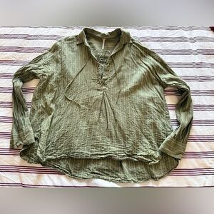 Free People Lace‑Up Peasant Tunic Shirt Boho Size Medium Green Olive Stripe